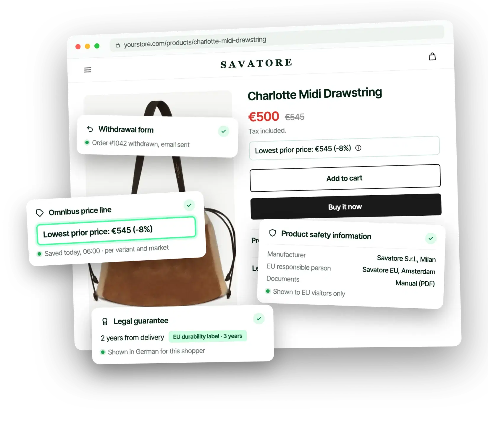 Una pagina prodotto Shopify con Complimus: la riga del prezzo precedente Omnibus, le informazioni sulla sicurezza del prodotto, la garanzia legale e la conferma di ricevimento di un recesso