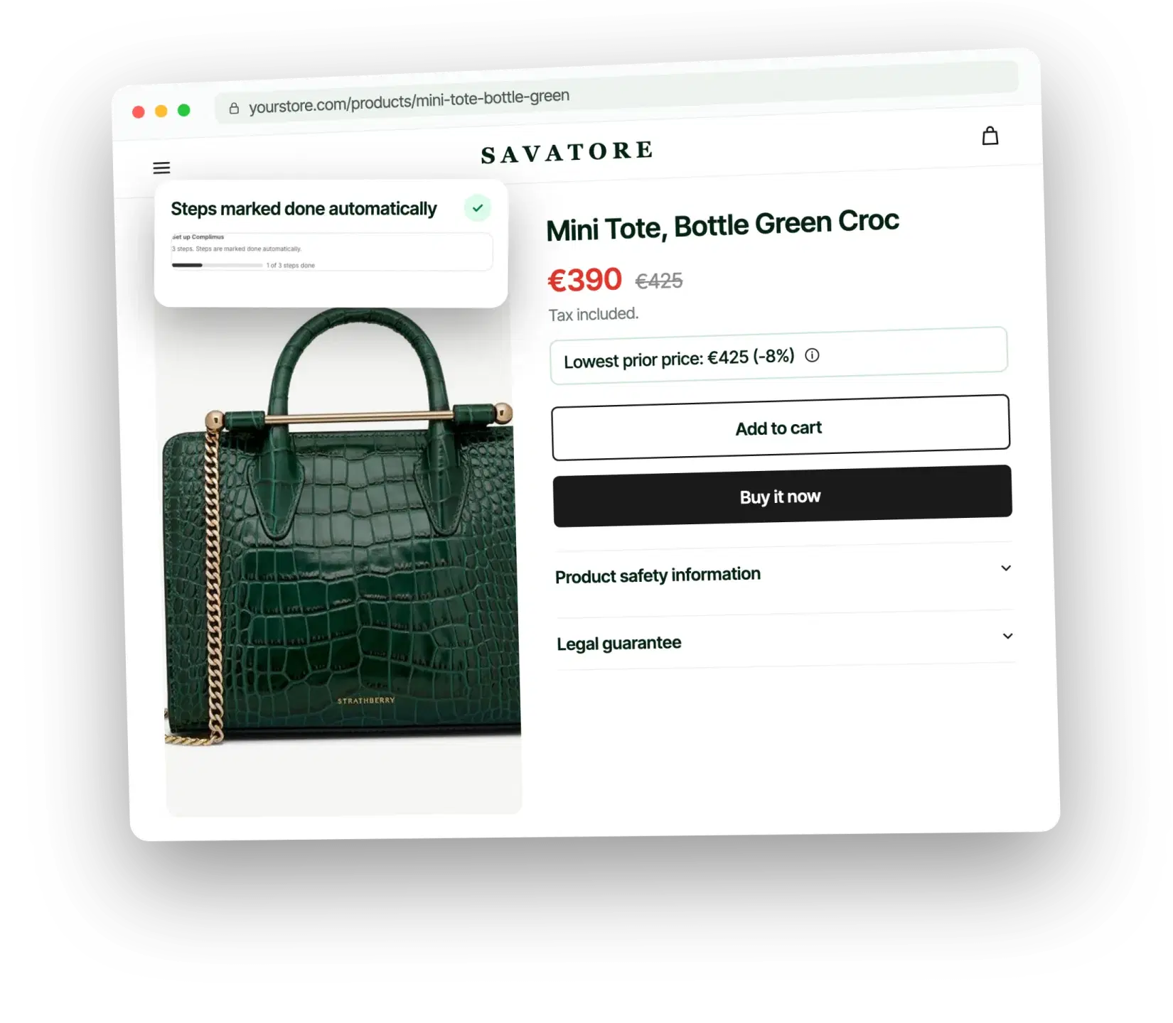 Strona produktu w Shopify z przewodnikiem konfiguracji Complimus, informacją o najniższej cenie z 30 dni, informacjami o bezpieczeństwie produktu i blokami z informacją o gwarancji