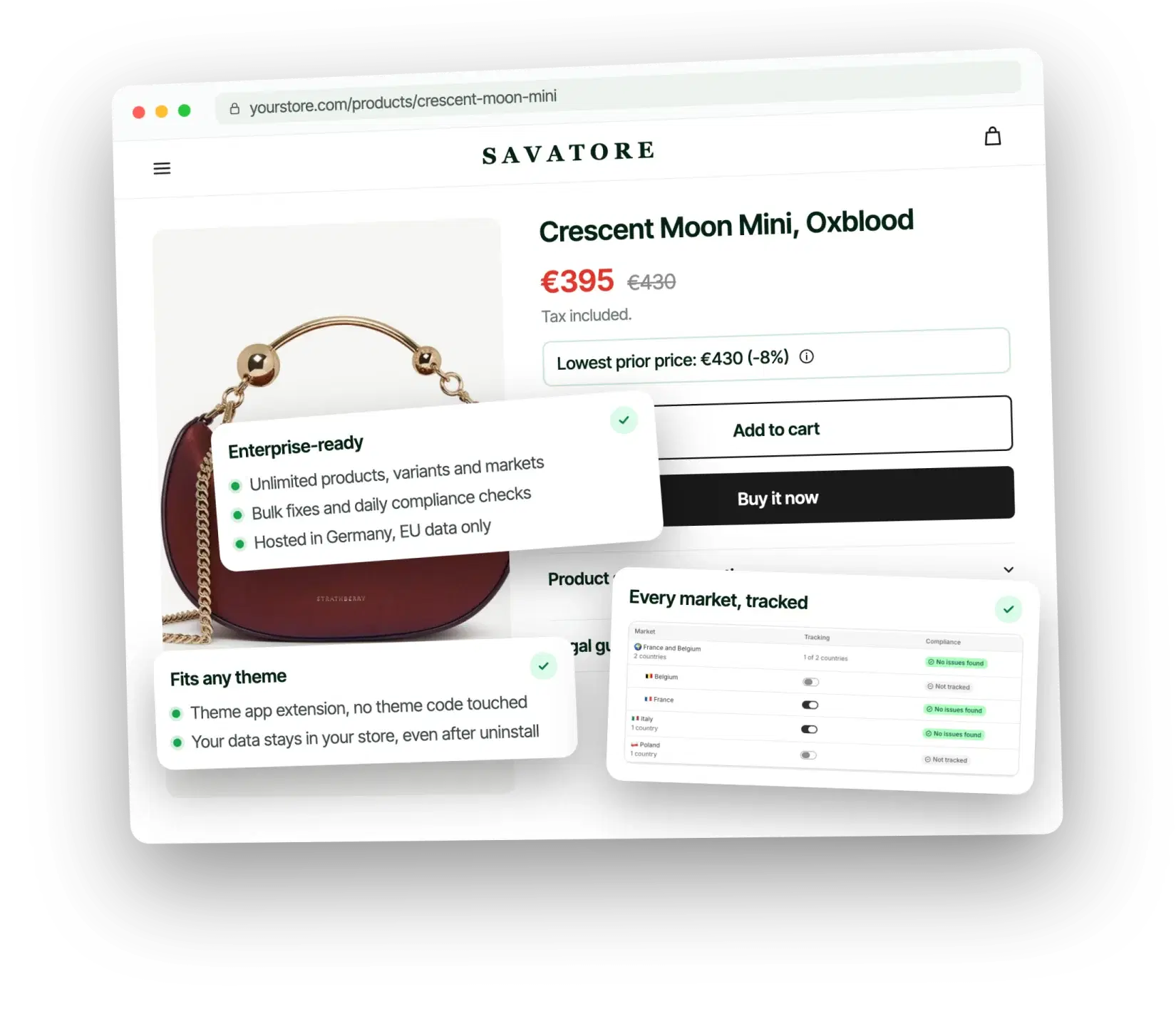 Strona produktu w Shopify z Complimus: gotowe dla dużych firm, pasuje do każdego szablonu, każdy rynek monitorowany