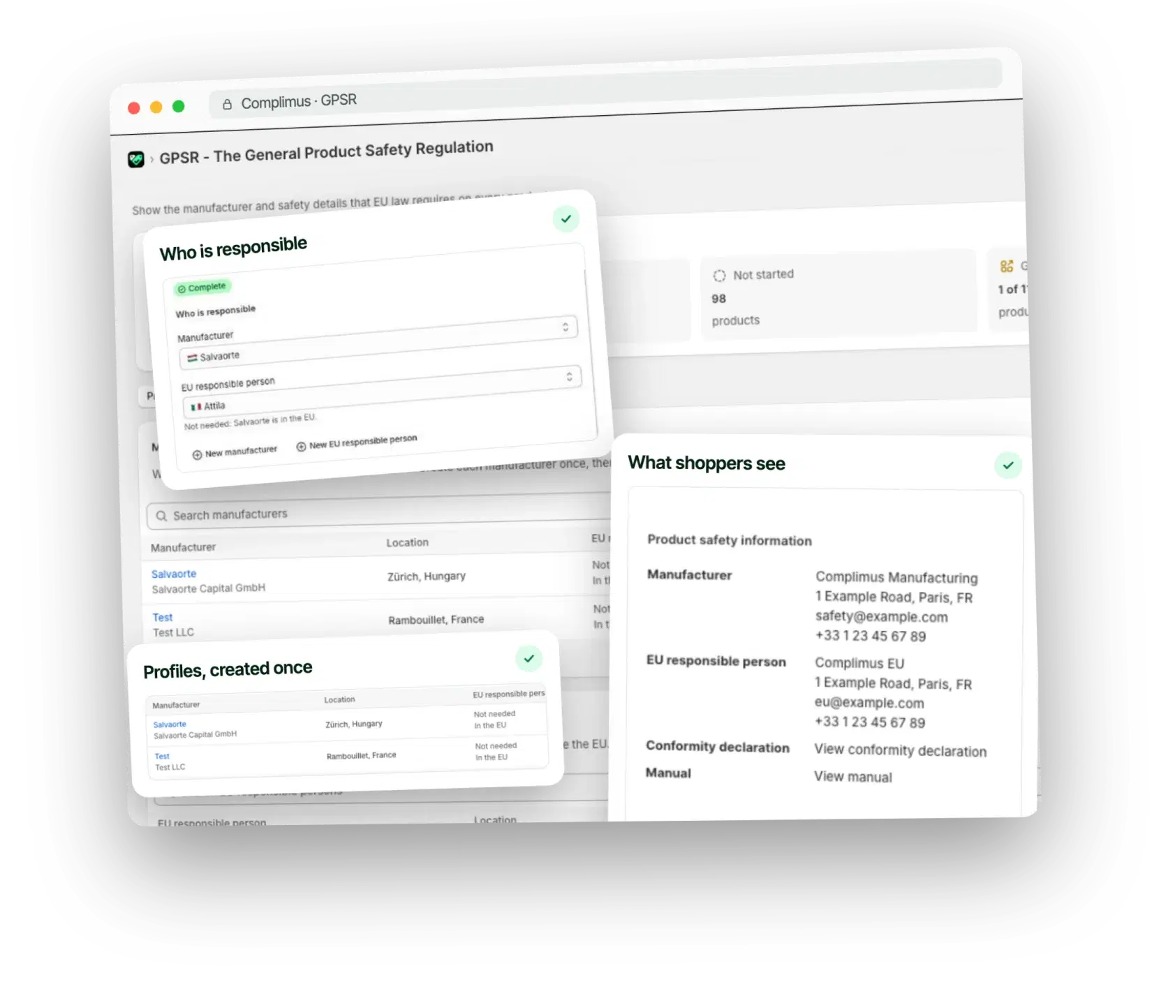 Panel GPSR w Complimus: profile producentów i osób odpowiedzialnych w UE oraz blok z informacjami o bezpieczeństwie produktu, który widzą kupujący